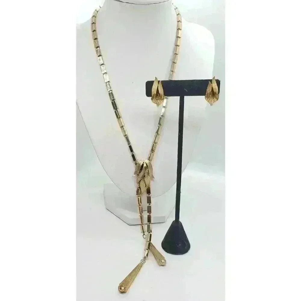 Vtg Gold Box Link Chain Necklace Earrings Faux Slide Leaves Tassel Laria…